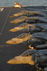 AV-8B Harriers sit on the flight deck of the amphibious assault ship USS Kearsarge (LHD3) during Bold Alligator 2012. Bold Alligator is the largest amphibious exercise in the past 10 years and represents the Navy and Marine Corps' revitalization of the full range of amphibious operations. The exercise focuses on today's fight with today's forces, while showcasing the advantages of seabasing. The exercise will take place Jan. 30 through Feb. 12, 2012 afloat and ashore in and around Virginia and North Carolina. #BA12 (U.S. Navy photo by Mass Communication Specialist 3rd Class Corbin J. Shea/Released)